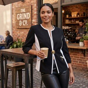 Joseph Ribkoff Black Blazer with White Trim & Faux Zipper Pockets